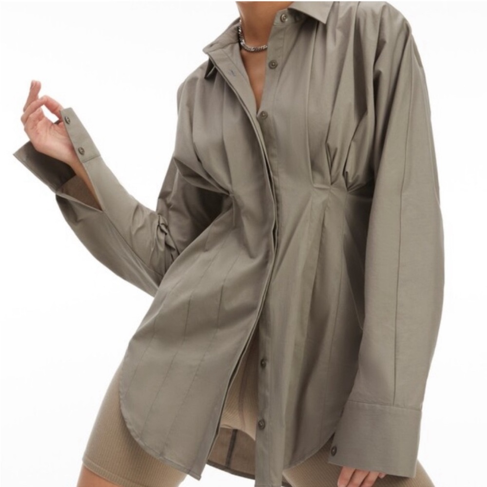 NWT GOOD AMERICAN Dart Poplin Button Down Shirt in Khaki sz 3